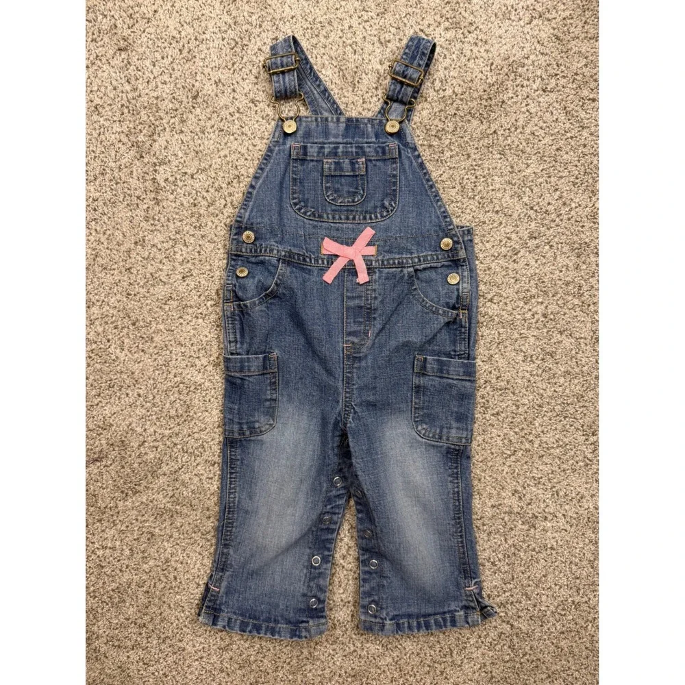 Old Navy Denim Overalls 18-24 Months Blue Classic Pink Ribbon Bow Baby Girls